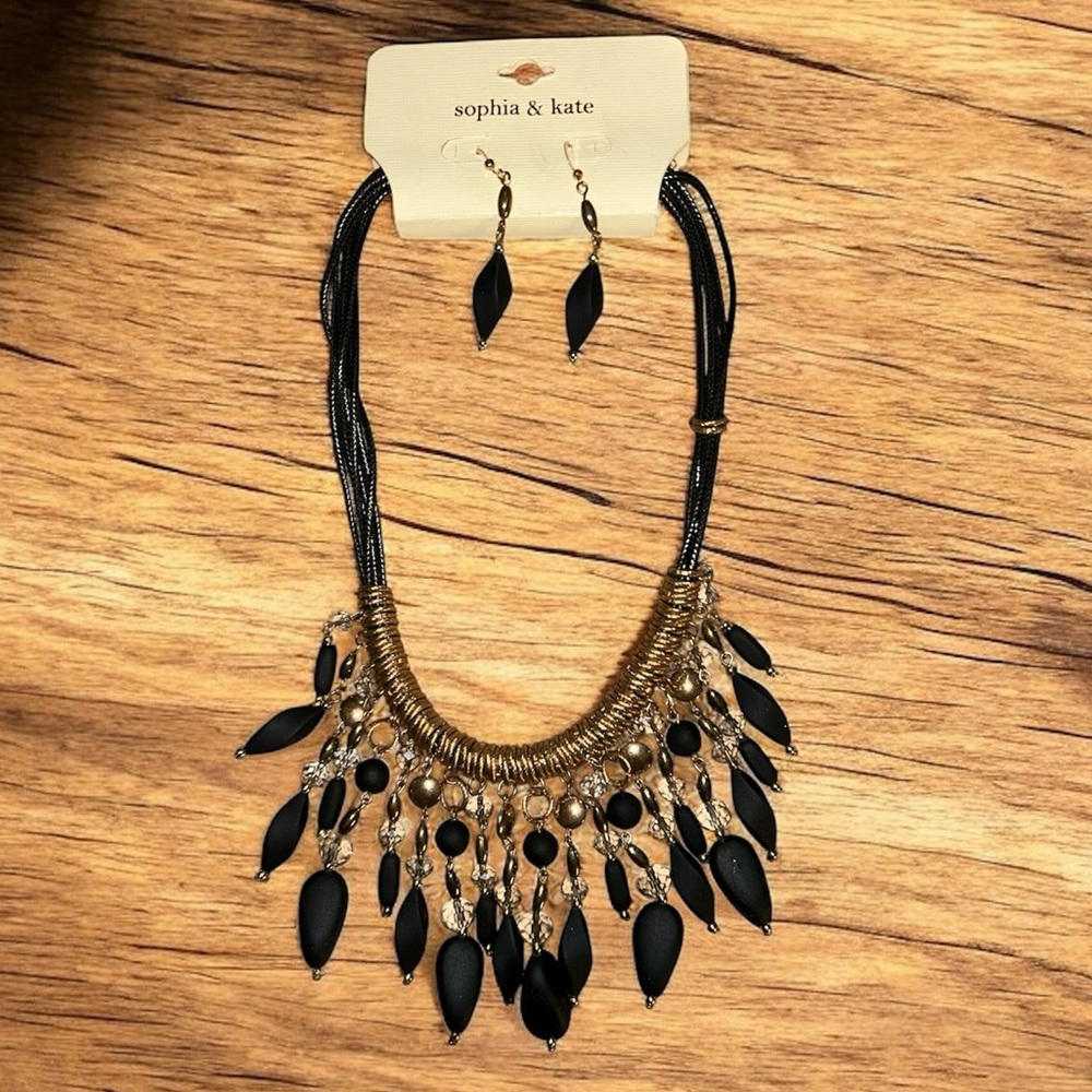 Sophia & Kate Black and Gold Statement Necklace and Earrings Set NWT